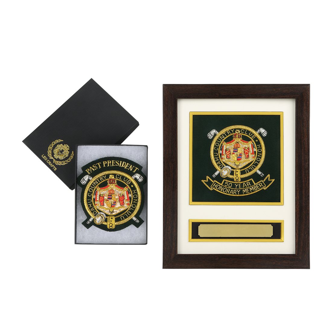 Bullion crest presented in a wooden frame and a gift box